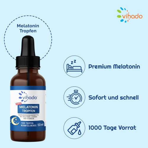 Vihado Melatonin Tropfen - 1000 Nächte - Sofort und schnell - Extra hochdosiert (Forte) - Besser da Melatonin Komplex, 50 ml (1000 Tropfen)