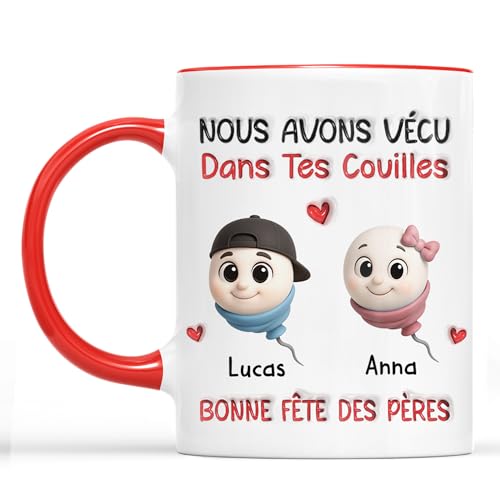 Cadeau Plus Mug Personnalisé - J'ai Vécu Dans Tes Covilles - fete des peres mug, cadeau fete des peres personnalisé, cadeau fete des peres tasse, tasse fête des pères (2 Enfants)