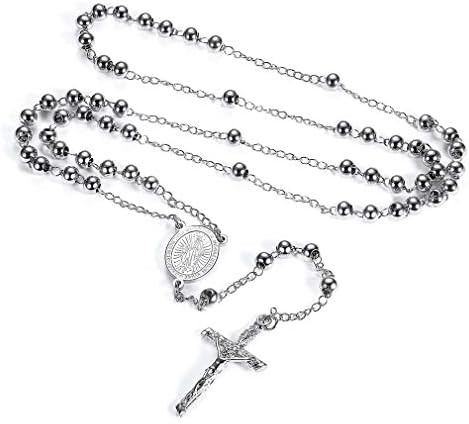 FaithHeart Rosary Beads Catholic Necklace for Women Saint Christopher/Michael/Virgin Mary Pendant Stainless Steel Crucifix Cross Charm Extra Long Chain Christian Amulet (6 Colours)
