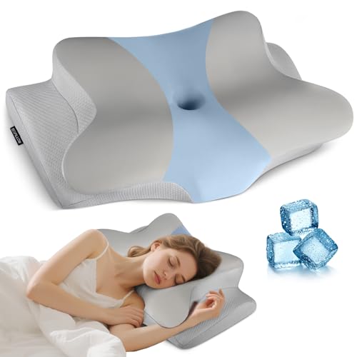 Image of Cervical Neck Pillow for Pain Relief - Ergonomic Side Sleeper Pillow for Neck Support, Contour Orthopedic Cervical Pillow for Sleeping, Cooling Memory Foam Pillows (Greyish Blue)
