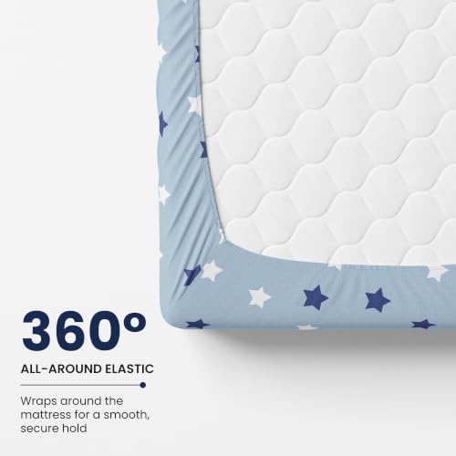 Image of LORETO - A QUALITY LINEN BRAND 144 TC 100% Pure Cotton King Size Fitted Bedsheet with 2 Pillow Covers for 72 x 72 Inch Mattress, All-Around Elastic, 8 Inch Deep Pocket, Nile Blue Stars
