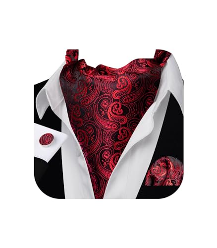 Image of Barry.Wang Ascot Ties Cravat Tie Men Paisley Plaid Scarf Self Tie Pocket Square Cufflinks Set Wedding Party
