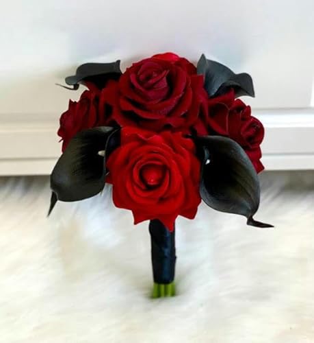 ZYKAA Juego de Accesorios de Flores Negras y Rojas para Ramo de Dama de Honor y boutonnieres para Novio, para niñas de Flores