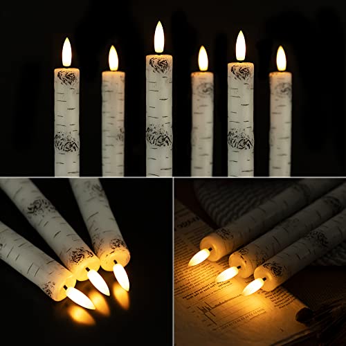Image of Birch Bark Flameless Taper Candles with 3D Wick, 9.6 inch Real Wax LED Candles | Flickering Candlesticks Battery Operated, Electric Candle with 2 Remote & Timer, For Home, Wedding, Party, Decor, 6 Pack