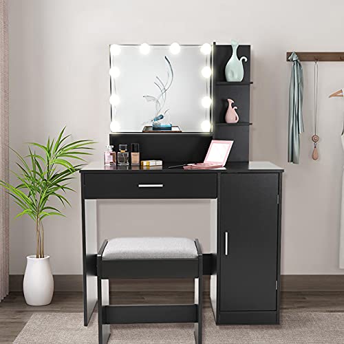 USIKEY Vanity Table Set with 10 Light Bulbs, Makeup Table with 1 Large Drawer & 1 Storage Cabinet, Dressing Vanity Table, Dresser Desk with Cushioned Stool for Bedroom, Bathroom, Black