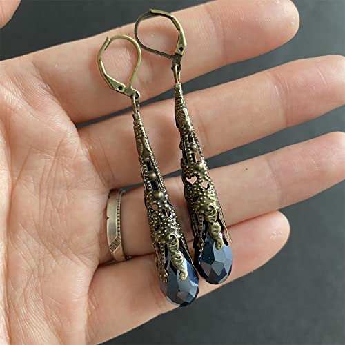 Indian Ethnic Vintage Gold Brone Sparkly Crystal Teardrop Dangle Drop Earrings Bohemian Gypsy Retro Rhinestone Hook Earrings For Girls And Women Love Statement Jewelry Gift (Black) #TOP2