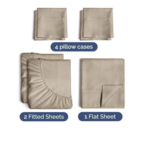 Image of Split King 7 Piece Bed Sheet Set - Breathable & Cooling - Heathered Beige | Ultra-Soft Hotel Luxury Bedding Set w / 8-16 Inch Deep Pockets, 1 Flat & 2 Fitted Sheet & 4 Pillowcases, Wrinkle & Fade Free
