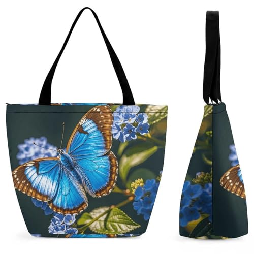 Sac fourre-tout papillon bleu et grand sac à bandoulière pour femme idéal pour le shopping décontracté