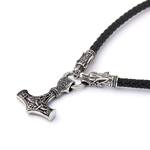 GUNGNEER Thor Hammer Pendant Viking Mjolnir Necklace for Men with Black Wolf Head Leather Chain, Stainless Steel, 2 Rune Beads Gift
