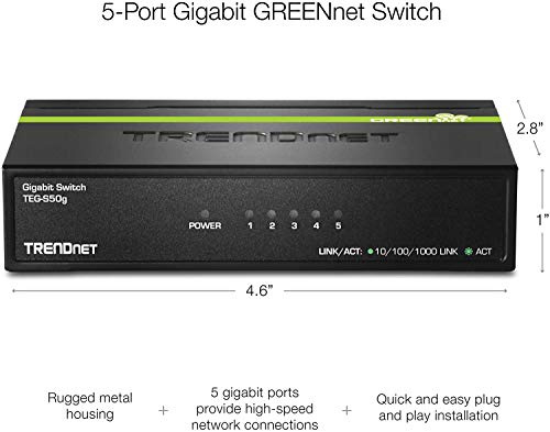 Trendnet 5-Port Unmanaged Gigabit Greennet Desktop Metal Switch, Ethernet-Network Switch, 5 X Gigabit Ports, Fanless, 10 Gbps Switching Fabric, Lifetime Protection, Black, Teg-S50G #TOP2