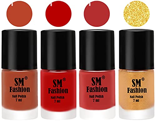 Image of Nail Polish Combo Set (Pack of 4) Quick Dry Gel Finish Nail Paint | Light Coral,Red,Coral Pink ,Light Golden | 7 ml Each