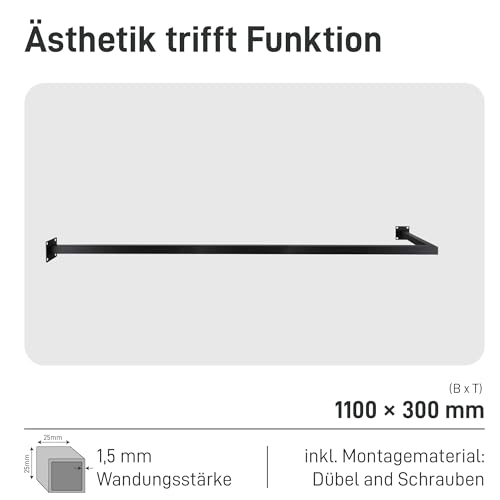 Natural Goods Berlin 1x Kleiderstange ÜBERECK Wandmontage - Garderobenstange L-Form für Flur, Bad oder Küche (Schwarz, 110x30cm) - Eckgarderobe aus rostfreiem Metall im minimalistischen Design
