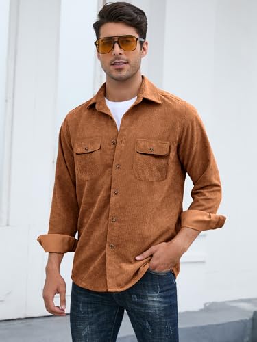 Image of Comdecevis Men's Corduroy Button Down Shirt Long Sleeve Solid Tops Work Shirt Jacket with Flap Pockets Khaki 3X-Large