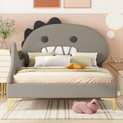 Sweiko Lit d'enfant rembourré 90 * 200cm, Cadre de lit en Forme de Dinosaure, lit Single en PU avec Pieds en métal, lit en Bois à Lattes pour Adolescents,Grau