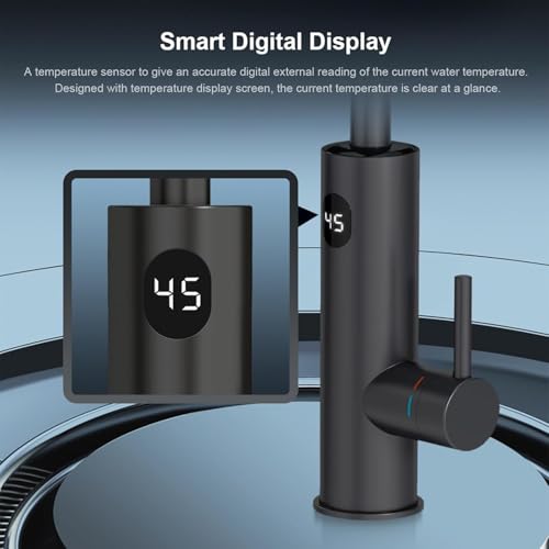 Wasserhahn mit Durchlauferhitzer Küche, 3200W Elektrische Heizung Wasserhahn, LED Temperaturanzeige 360º Misch Drehung Küchenarmatur, 304 Edelstahl Armatur, Schwarz
