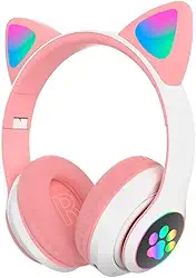 Fones de Ouvido Bluetooth sem Fio, Design de Orelhas de Gato, LED RGB, Microfone Embutido, Redução de Ruído, Rosa e Lilás (Rosa)