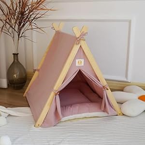 Solid Wood Cat Indoor Tent with Thick Mat,Portable Dog House Dog Teepee Tent,Cute Cat Teepee Cave Cat Bed,Dog Bed (Pink, M)