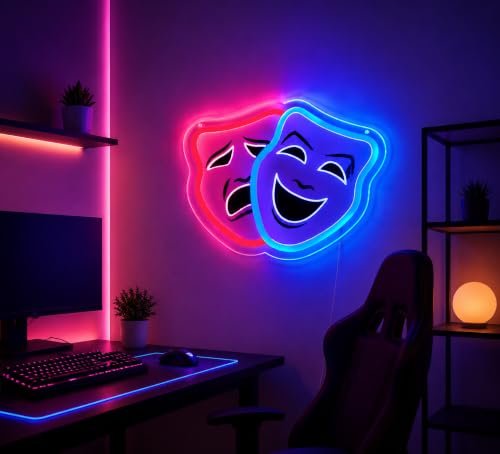 Image of Comedy and Tragedy Masks Neon Sign Theater Drama LED Lights Sign for Wall Decor, Classic Performing Dimmable Neon Light for Bedroom, Theater Room Bar & Studio Decor