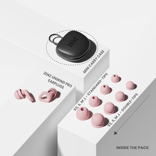Image of Zenz Unwind Pro Ear Plugs for Sleeping, Soft Silicone Reusable Earplugs for Snoring, Yoga, Reading, Focus & Travel, 35dB Noise Reduction, 4 Sizes XS /S /M /L, Secure Fit with Case (Mystic Pink, One Size)