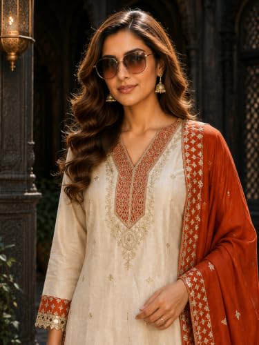 Image of Berrylicious Women Off White Sequinned And Hand Embroidered Kurta With Pant & Embroidered Dupatta | Ethnic Kurta Set | Casual & Office Wear