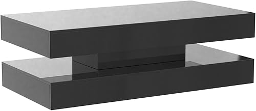 Vista 4 de Uspeedy Mesa auxiliar grande de 47.3 pulgadas con LED de alto brillo con 2 cajones de almacenamiento, mesas de centro modernas en blanco y negro