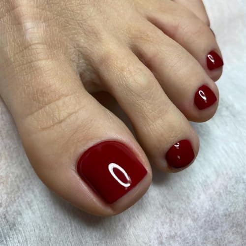 MouyouGlow 24 uñas falsas para los pies, para pegar cortas, cuadradas, borgoñas, rojas, de un solo color, color rojo vino, artificial, con pegamento