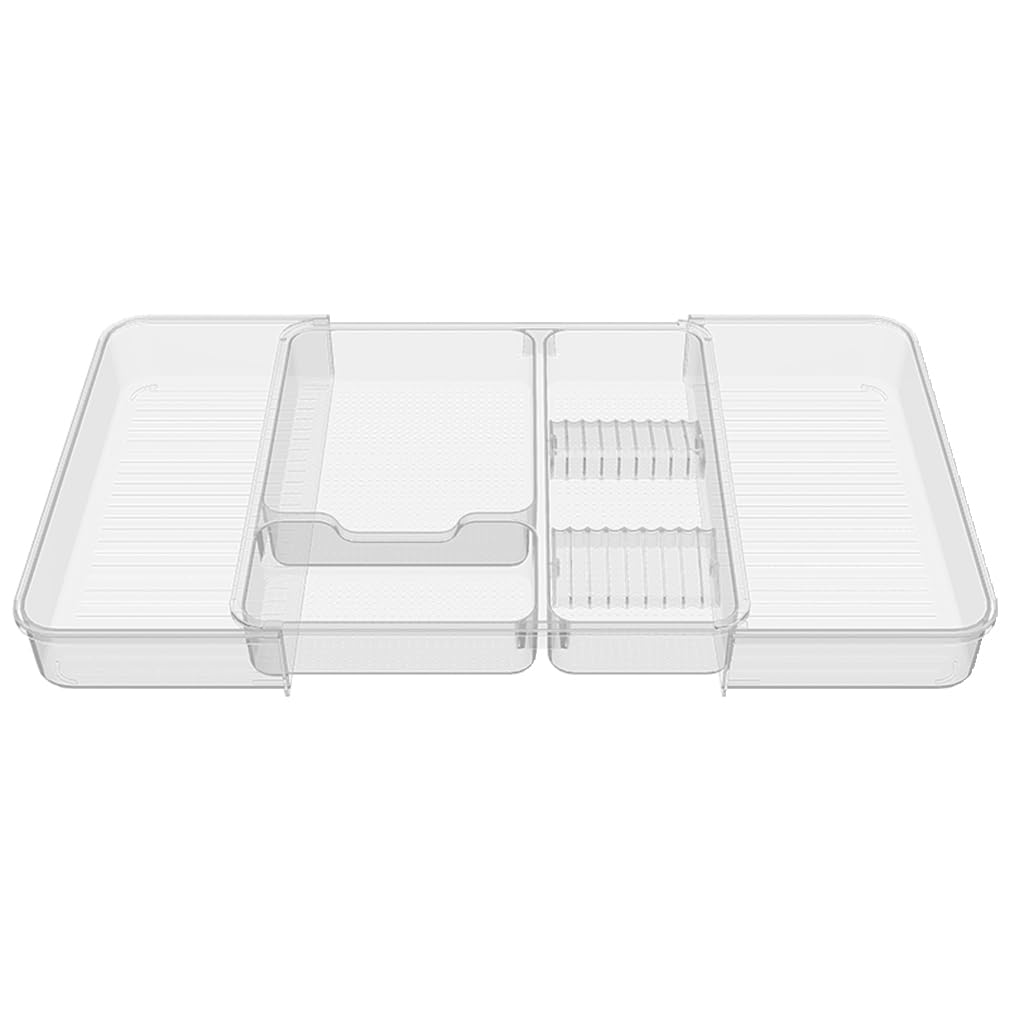 Wi4you Expandable Drawer Organizer Tray from 11” to 19.1”, Adjustable Silverware in Drawer Holder, Clear Plastic Drawer Storage with Sliding Dividers for Utensil, Cosmetics, Toiletries, Offices