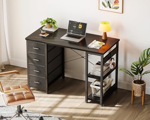ODK 40 Inch Small Computer Desk with 4 Fabric Drawers, Modern Writing PC Desk for Small Spaces, Study & Home Office Desk with Storage Shelves, Black