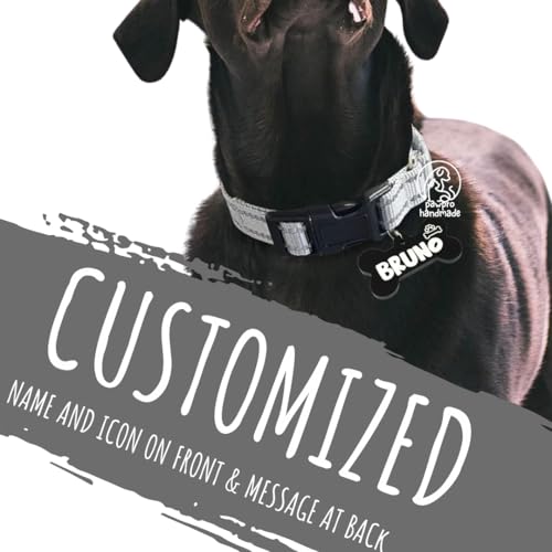 Image of PAWPRO HANDMADE Reflective Dog Collar with Customizable Bone-Shaped Tag - Adjustable for Safety and Comfort, Fits 35-50 cm Neck - Black (Silver, Large)