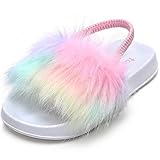 tombik Toddler Slides Girls Indoor Fuzzy Sandals Kids Flats Shoes for Travel, Play White/Rainbow...