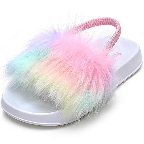 Tombik TB200501WHITERAINBOW080 Toddler Slides Girls Indoor Fuzzy Sandals Kids Flats Shoes cover