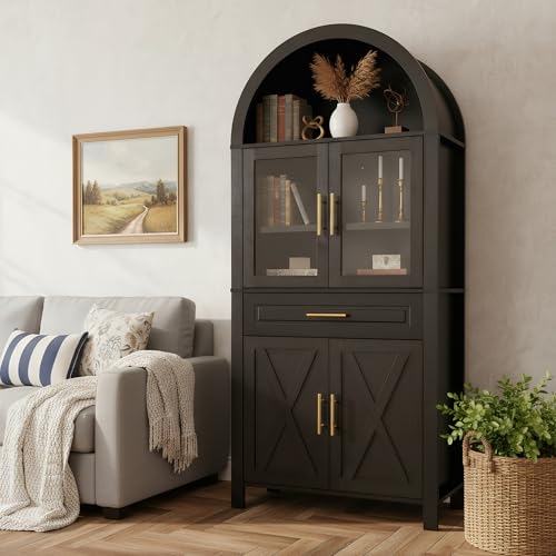 ABBSR 71" Farmhouse Arched Kitchen Pantry Cabinet with Glass Doors