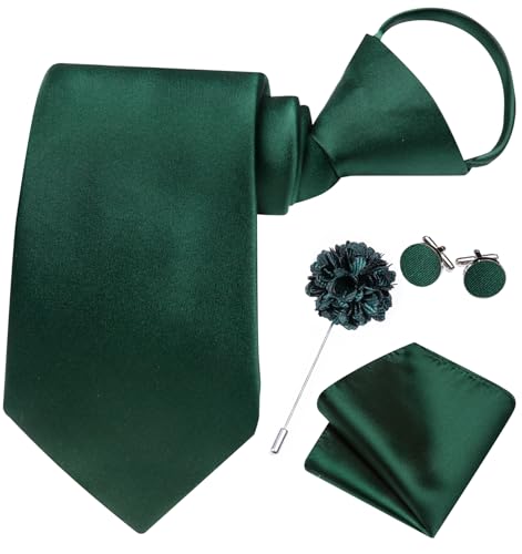 Image of Hi-Tie Zipper Ties for Men Dark Green Pre-Tied Necktie Lapel Pin Pocket Square Cufflinks Set