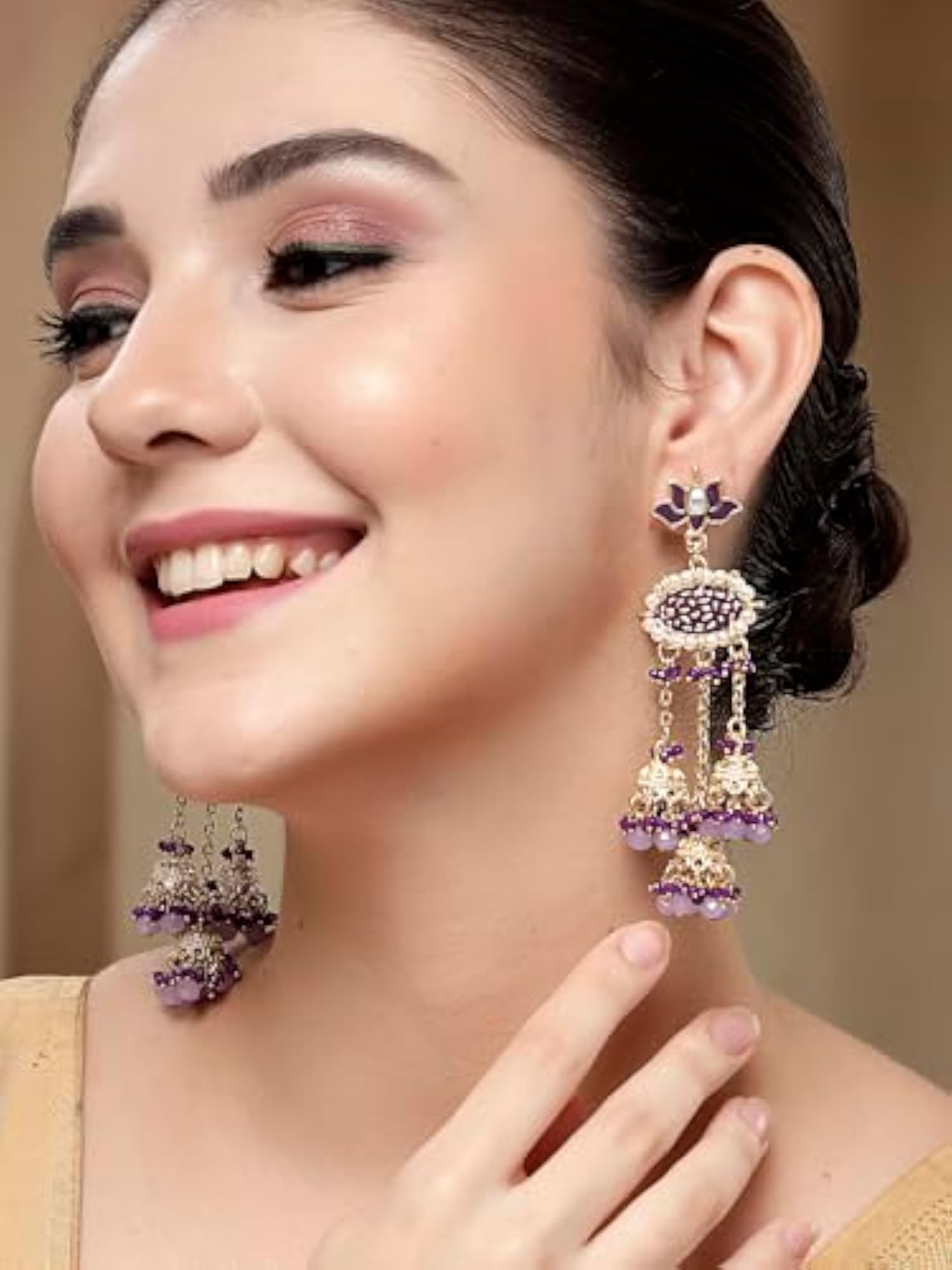 Gold-Plated Enamel Crystal-Studded Kundan Tassel Earrings
