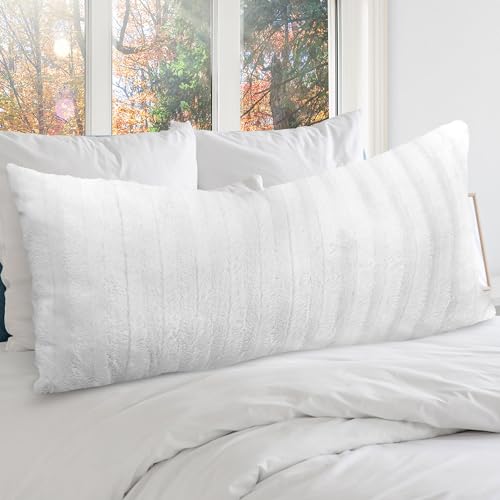 Cheer Collection Faux Fur Long Body Pillow - Accent Throw Pillow for Bed and Couch - Decorative Lumbar Pillow with Insert, White (18" x 40")