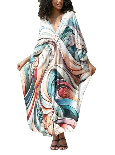 Image of IMAGEKOPE Women's Plus Size Animal Print V-Neck Batwing Kaftan Beach Dress Bathing Suit Cover-Up Loungewear