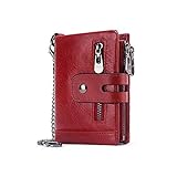 boshiho Men's Leather RFID Blocking Trifold Wallets, Double Zipper Coin Pocket Purse with Anti-Theft Chain Bikers Wallets (Red-2)