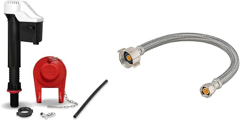Korky 818BP QuietFILL Válvula de llenado de inodoro universal y aleta premium Fácil de instalar y Eastman Conector de inodoro flexible de 12 pulgadas, manguera trenzada de acero inoxidable con tuercas de bola de 7/8 pulgadas