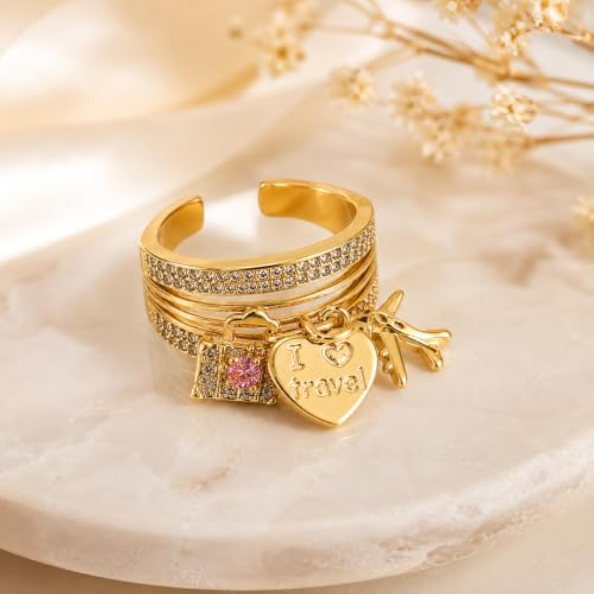 Adjustable Gold Plated Charm Ring for Women with Heart Lock & Pink Stone