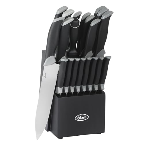 Oster Lindbergh 22 Piece High Carbon Stainless Steel Cutlery Kitchen Knife Block Set w/Black Knife Block - Black Handle - Cuchillos Para Cocina