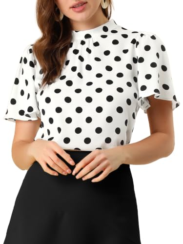 Allegra K Women's Polka Dots Blouse Stand Collar Pleat Keyhole