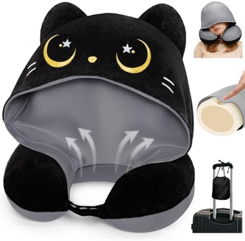 Mewaii Travel Neck Pillow with Hood for Airplanes,Memory Foam,Bre...