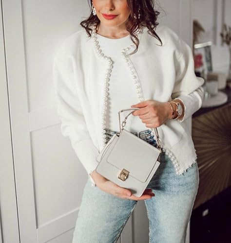 Kedera Women's Open Front Pearls Trim Cardigan Sweater Casual Knitted Long Sleeve Valentine's Day Outerwear Coat3