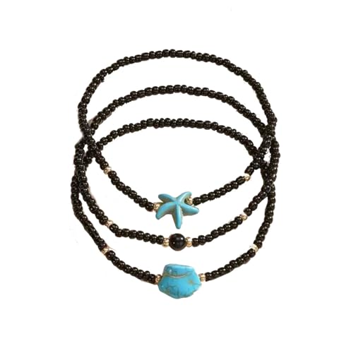 Tata Gisèle Set de 3 Bracelets de Chevilles Elastiques Fantaisie en Perles Noir et Motifs Turquoise, Etoile de Mer, Bijou de Plage Femme Summer Ete Estival, Tendance Mode Fashion
