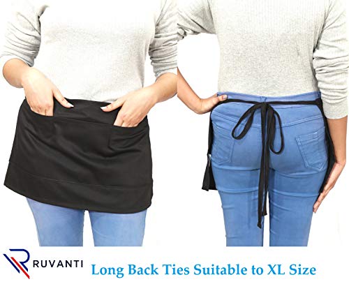 Ruvanti 6 Pack Server Aprons With 3 Pockets - Waitress Waiter Waist Apron, Half Apron With Long Waist Strap, Waitress Apron For Women And Man - Black Short Aprons #TOP6