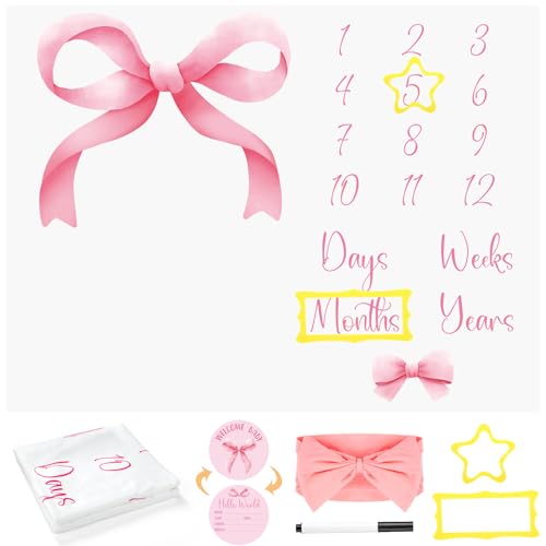Image of Preboun Baby Monthly Milestone Blankets for Baby Girls Newborn Baby Blankets Pink Coquette Bow Photography Background Fleece Growth Chart Blankets with Wooden Signs, Frames, Bow Headband 51x39 Inch