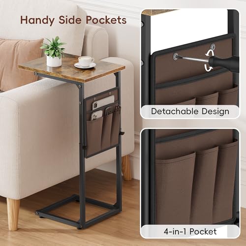 Vagusicc C Shaped End Table, 33Tall Side Table for Couch, Adjustable Height Sofa Table Small Couch Side Tables, Slide Under Recliner TV Tray Arm Tables with Metal Frame for Living Room,Bedroom,Brown