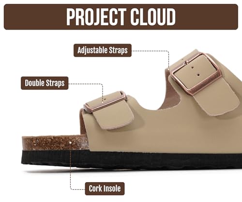 Image of Project Cloud 100% Genuine Leather Flat Sandals For Women 2026 Cork Footbed Womens Sandals with Memory Foam and arch support Vacation Essentials Slides for Women Footwear (Venita)