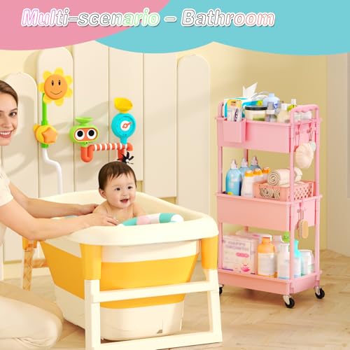 Image of SUNALLY Baby Diaper Caddy Cart, 3 Tier Rolling Diaper Cart with Lockable Wheels for Nursery Essentials, Large Capacity & Easy Assemble Diaper Storage Organizer for Newborn,New Mom, Pink