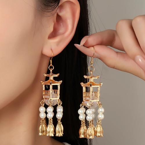 Handicraft Pagoda Pearl Tassel Dangle Earrings White - Image 4